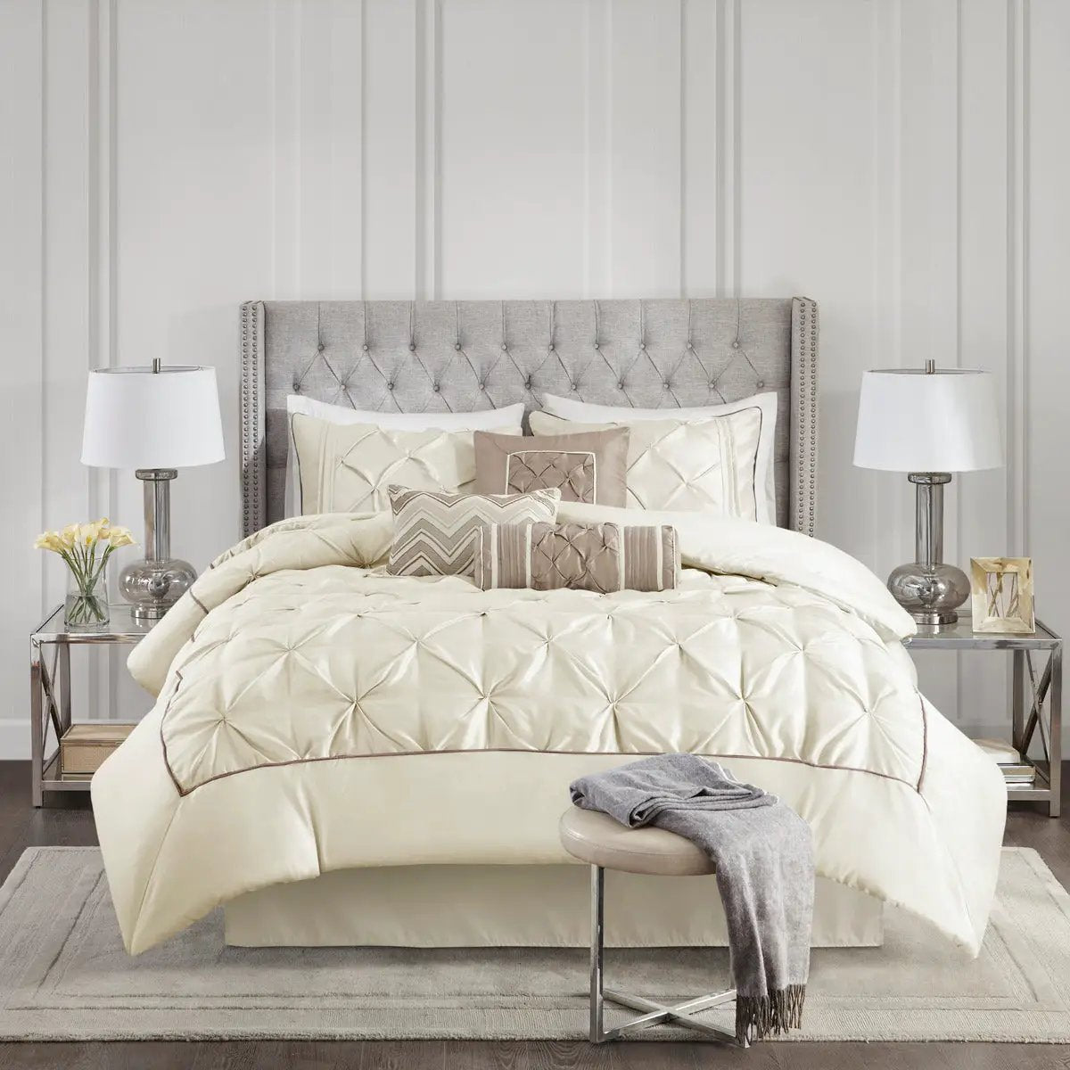 7 Piece Tufted Comforter Set Ivory Full by HouseOfZazla