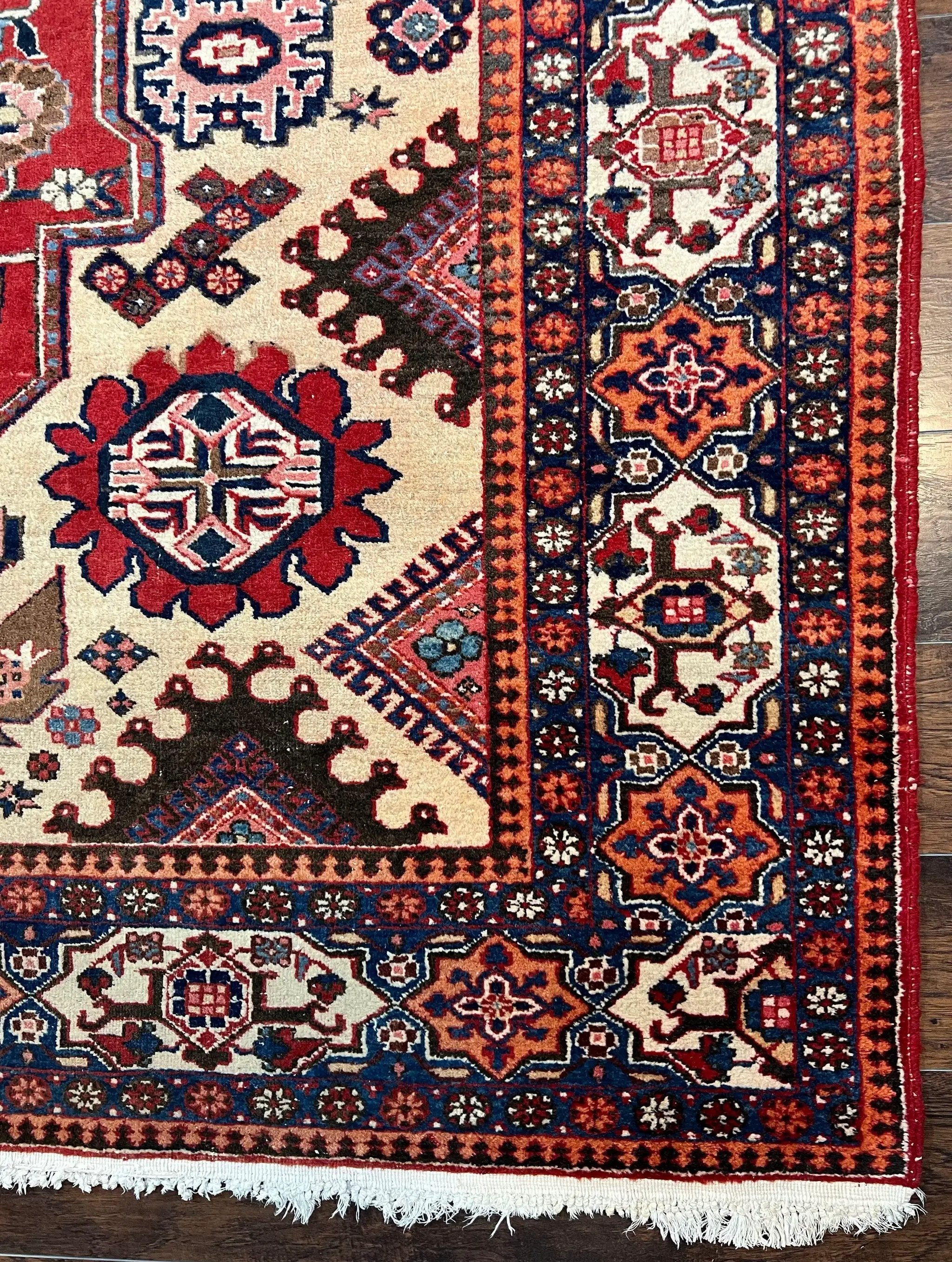 Antique Persian Heriz Rug 8x12 ft, Geometric Tribal Room Sized Carpet, Camel Hair Red Navy Blue, Wool Hand Knotted Medallion Oriental Carpet by Jewel Rugs
