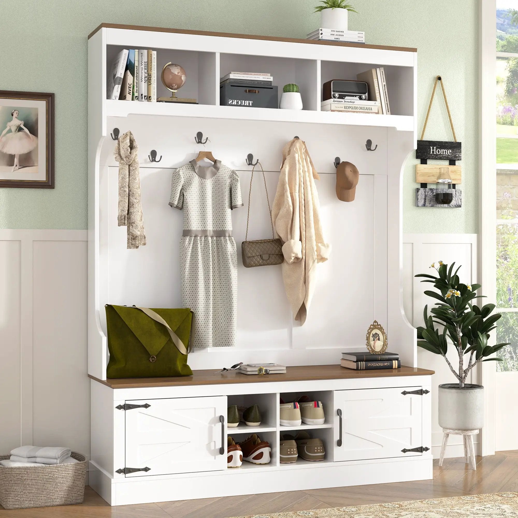 Hall Tree With Bench And Shoe Storage, 5 In 1 Entryway Organizer Cabinet With Coat Rack, 4 Shoe Cubbies & 7 Hooks - White by HouseOfZazla