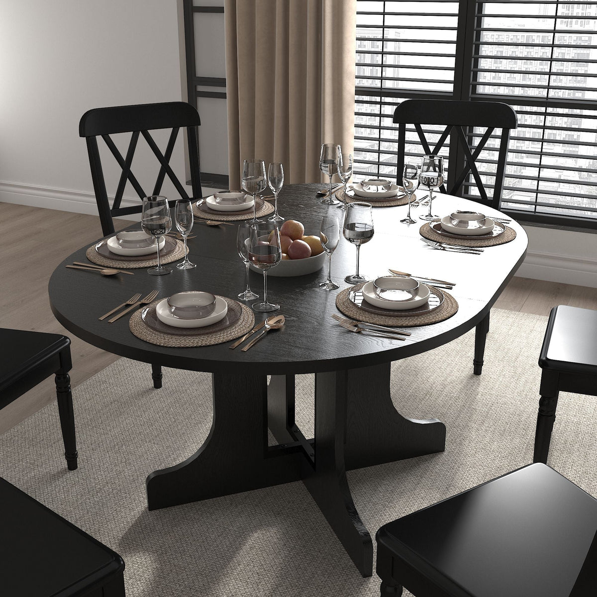 Expandable Oval Farmhouse Dining Table with Removable Leaf and X-Shaped Base - Black, photo 21 of 24