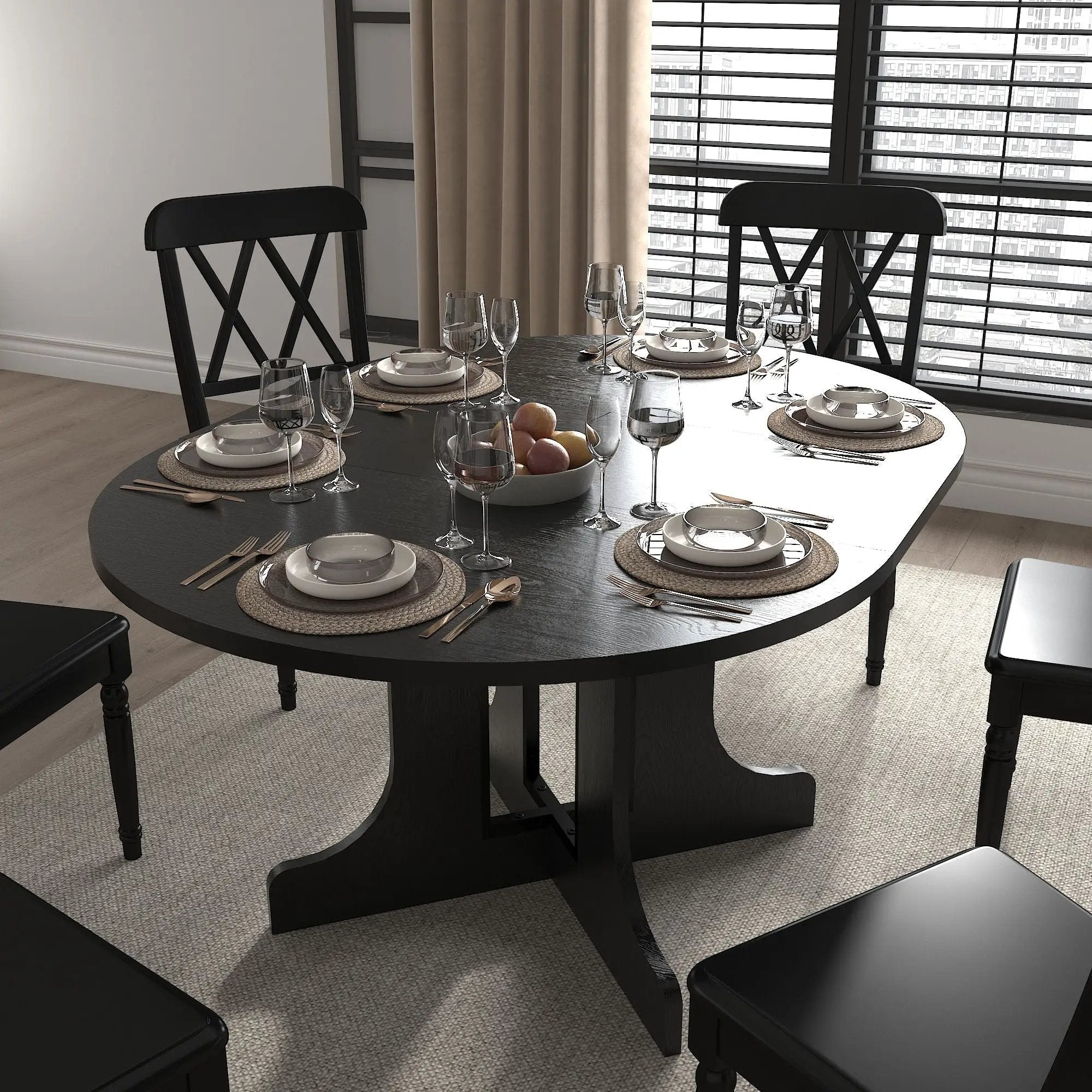 Dining Table For Farmhouse Kitchen Expandable Oval Table Top With Removable Leaf Trestle X Shaped Base - Black by HouseOfZazla