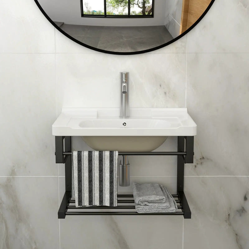 Wall Mounted Rectangular Bathroom Sink With Towel Bar & Overflow - White by Unique Piece Furniture