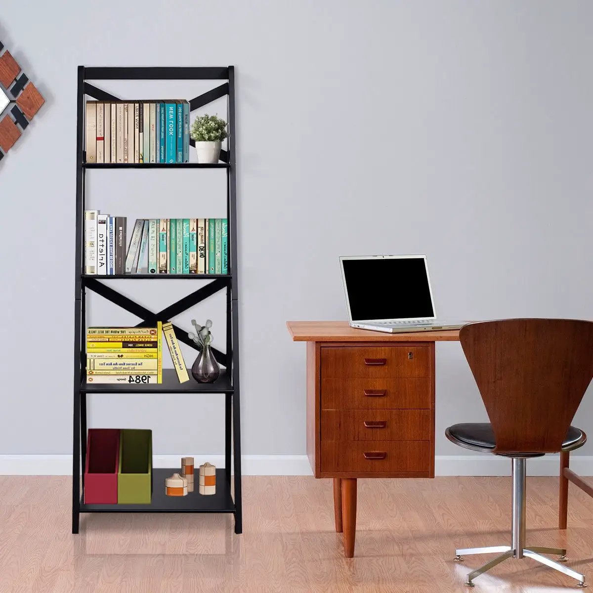 4-tier Leaning Free Standing Ladder Shelf Bookcase-White by DirectDeals
