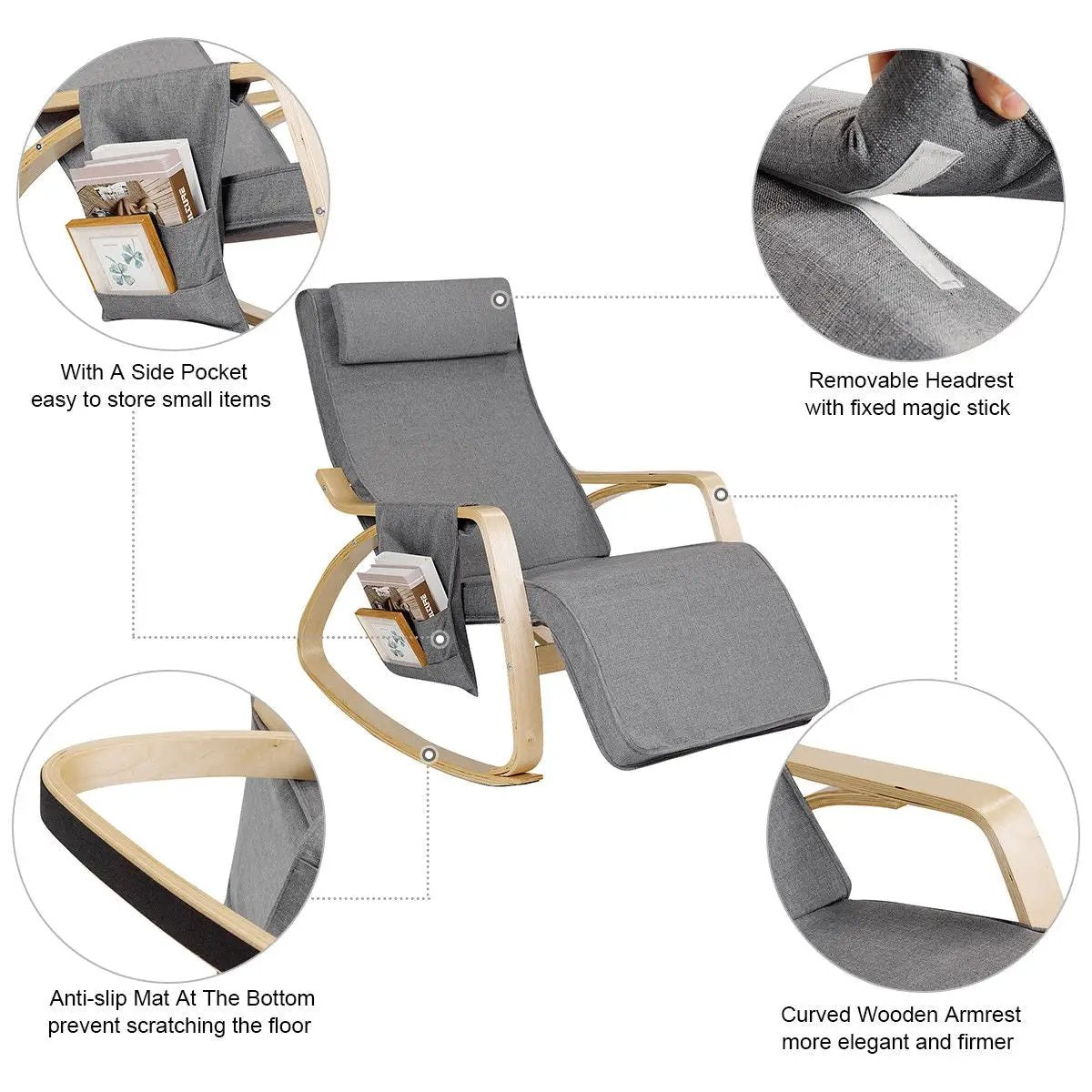 Comfortable Lounge Rocking Chair with Removable Cushion Cover and Side Pocket by DirectDeals