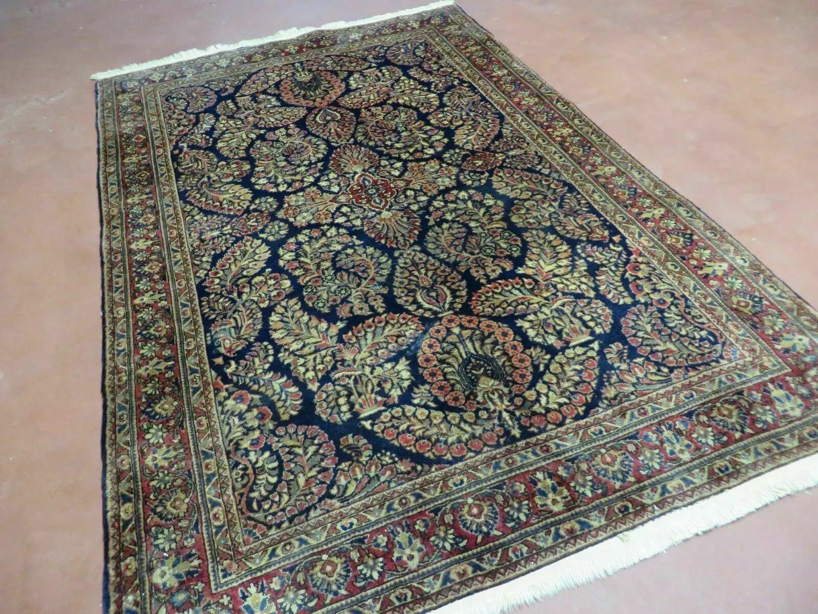 Antique Persian Sarouk Rug 4x6, Hand Knotted 1920s Oriental Carpet 4 x 6 ft, Navy Blue and Red Wool Rug, Handmade Floral Allover Persian Area Rug by Jewel Rugs