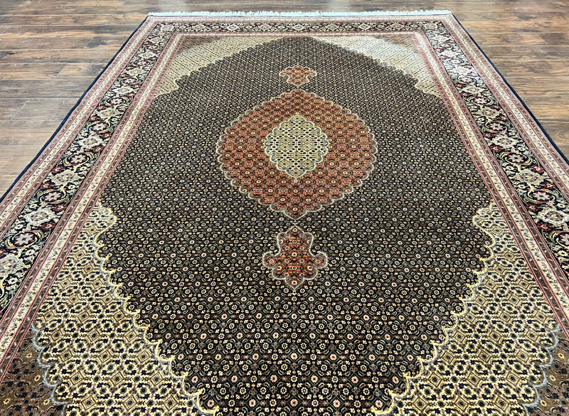 Persian Tabriz Rug 7x10, Very Fine 330 KPSI 50 Raj, Black and Beige, Handmade Wool Vintage Persian Carpet by Jewel Rugs