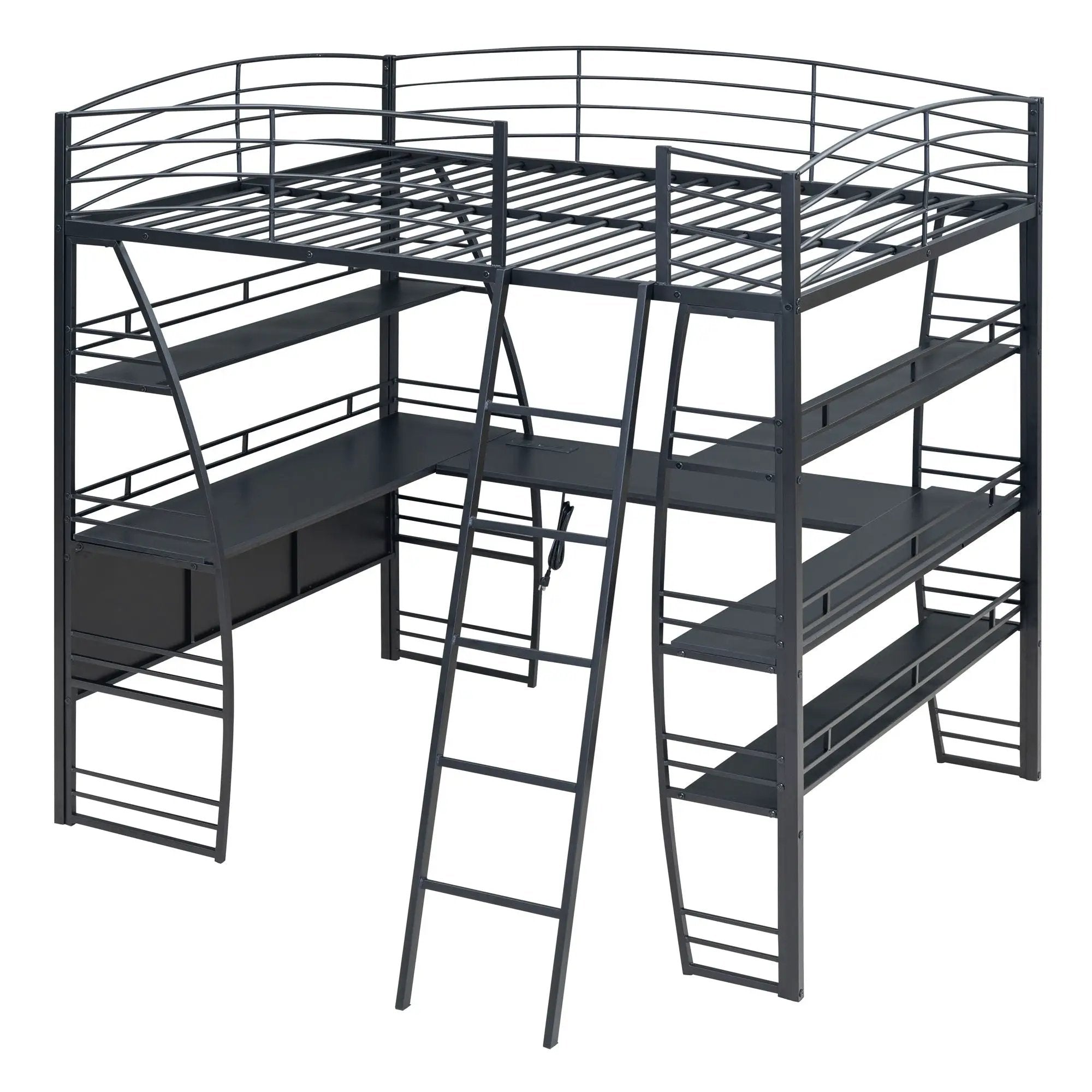 Loft Bed With 4 Layers Of Shelves And L-Shaped Desk, Stylish Metal Frame Bed With A Set Of Sockets, USB Ports And And Wireless Charging by Unique Piece Furniture