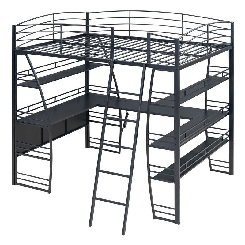 Loft Bed With 4 Layers Of Shelves And L-Shaped Desk, Stylish Metal Frame Bed With A Set Of Sockets, USB Ports And And Wireless Charging by HouseOfZazla