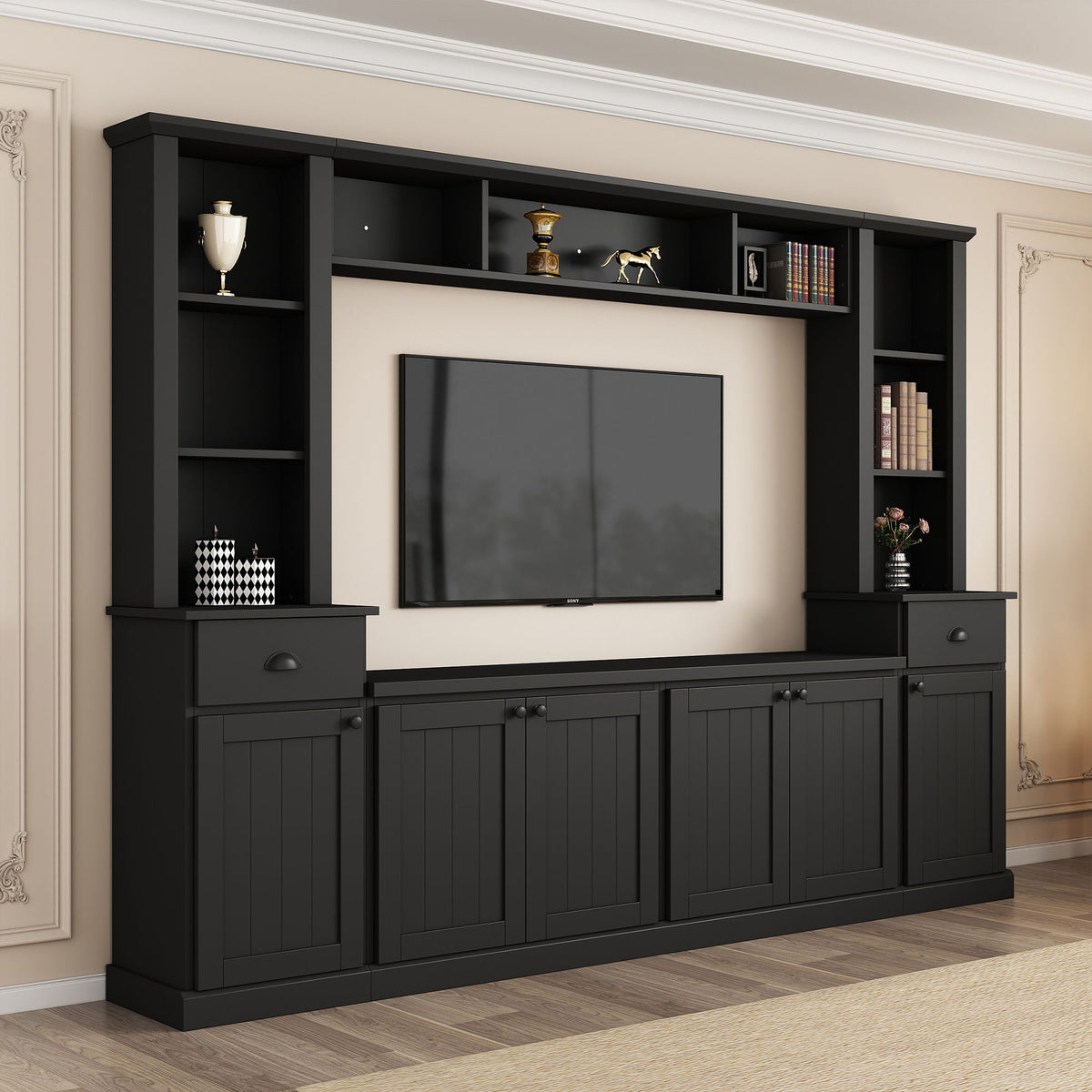 Minimalist Entertainment Wall Unit Set with Adjustable Bridge for TVs Up to 75" - White or Black, photo 29 of 33