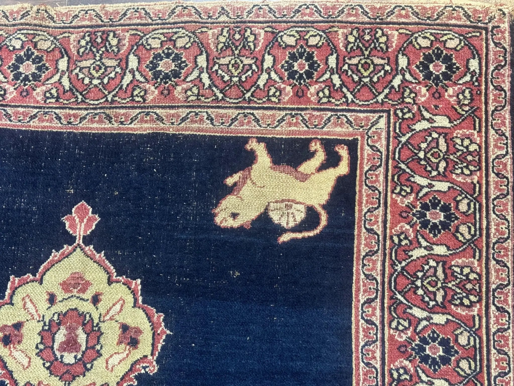 Antique Persian Mashad Rug 4x6, Semi Open Field, Navy Blue, Lion Pictorials, Triple Medallion, Dorokhsh Rug by Jewel Rugs