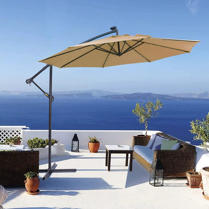 Outdoor Cantilever Patio Umbrella With 32 LED Lights 10 Ft Hanging Design Easy Open Adjustment Metal Frame - Taupe by Unique Piece Furniture