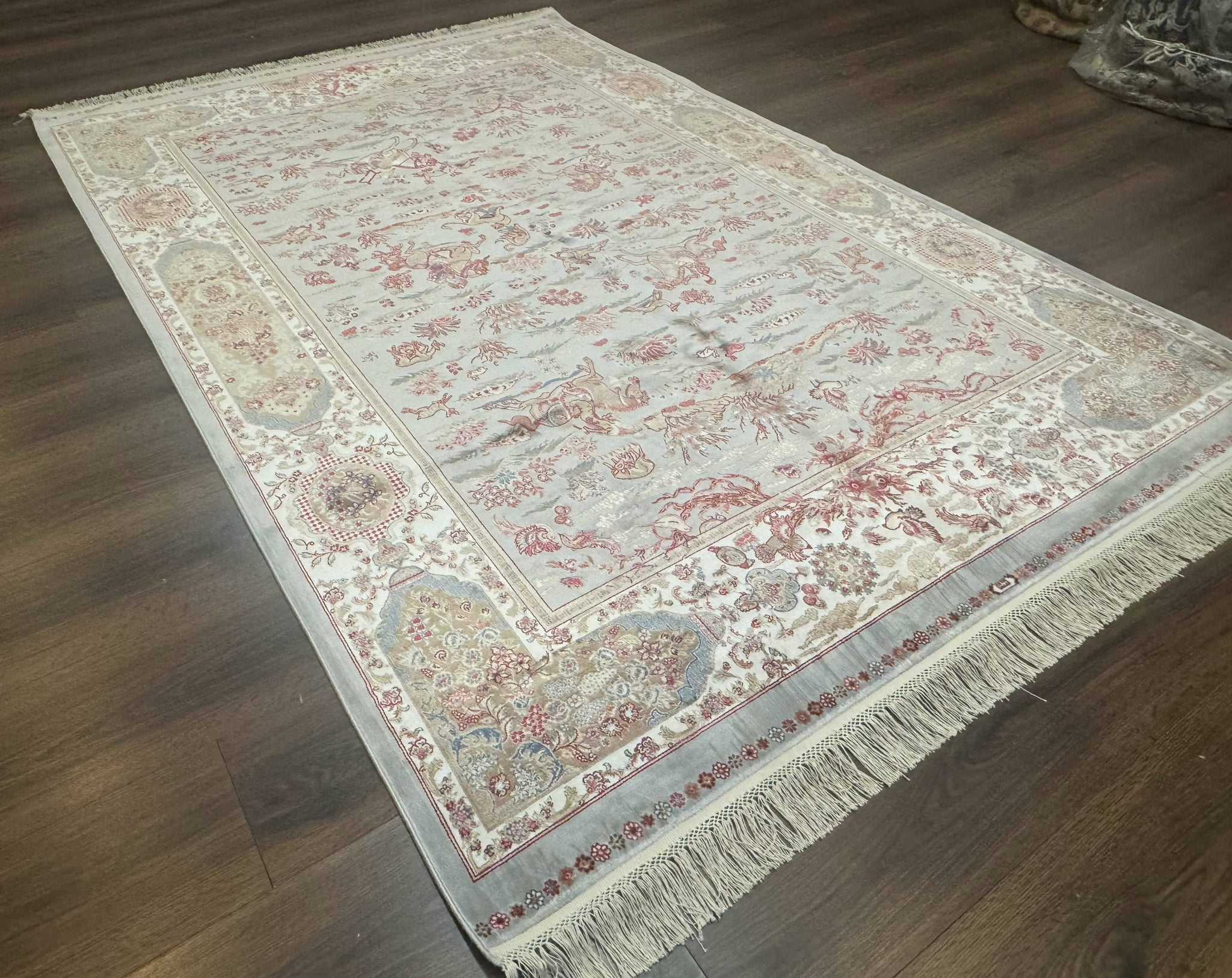 Turkish Silk Rug 5x7, Hunting Design, Animal Pictorials, Bamboo Silk by Jewel Rugs