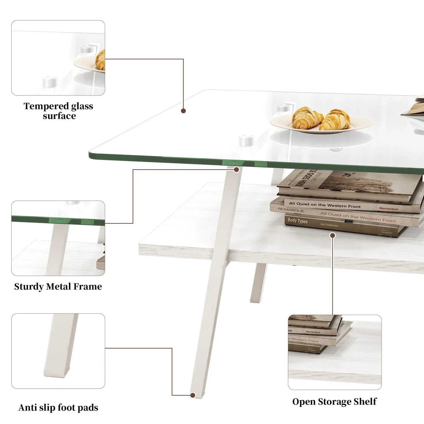 Rectangle Coffee Table, Tempered Glass Tabletop With Metal Legs, Modern Table For Living Room by HouseOfZazla