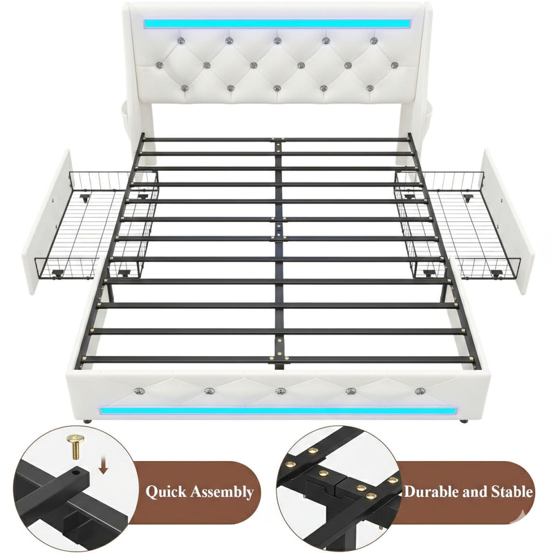 Wingback Upholstered Bed Frame With LED Lights, Charging Station by HouseOfZazla