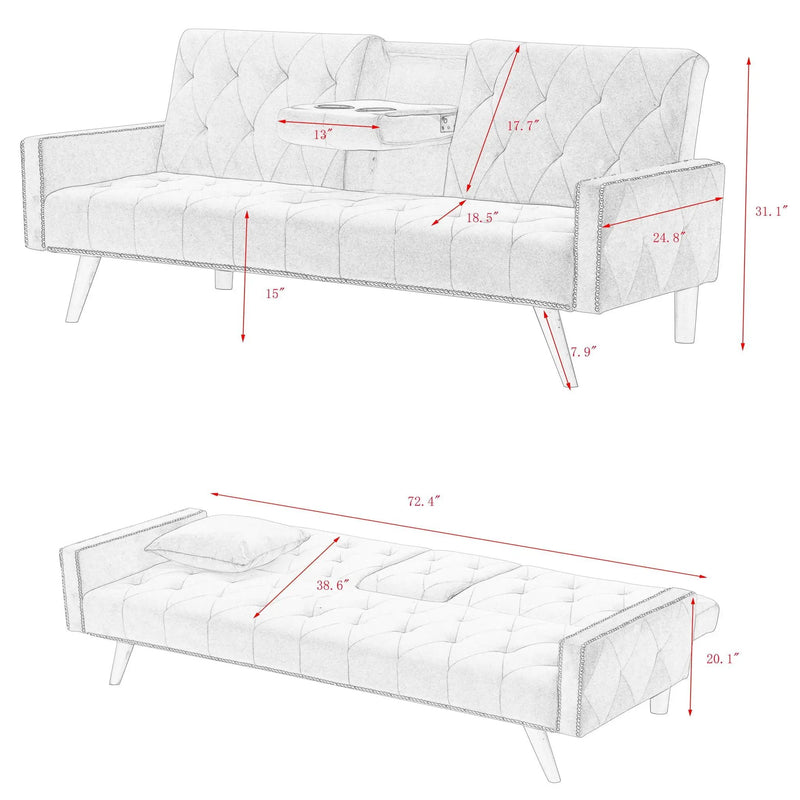 Sofa Bed With Nail Head Trim And Cup Holders - Pink by HouseOfZazla