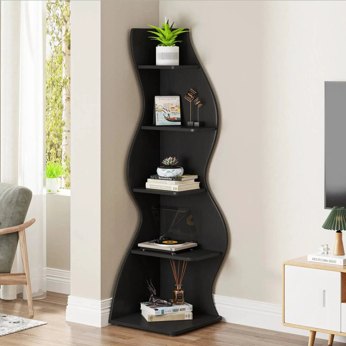 5 Tier Wavy Corner Bookshelf And Plant Stand For Living Room by HouseOfZazla