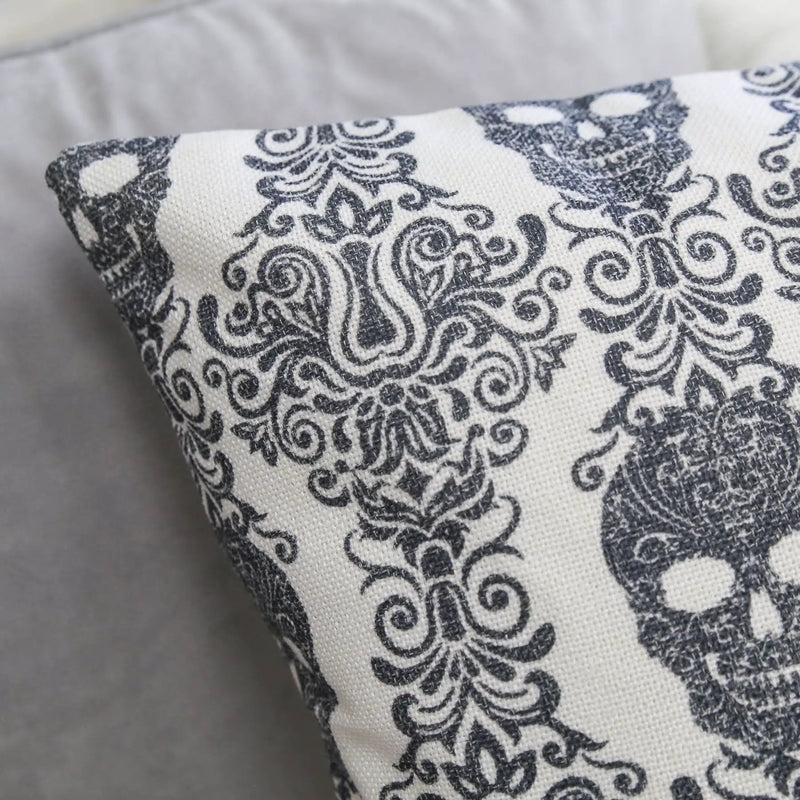 Gothic Damask Skull Throw Pillow – Black & White Cotton Linen by HouseOfZazla