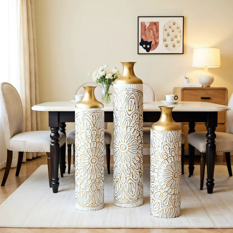 3 Piece Home Decoration Large Glazed Floor Vase Decoration Home Droplet Shaped - Gold / White by Unique Piece Furniture