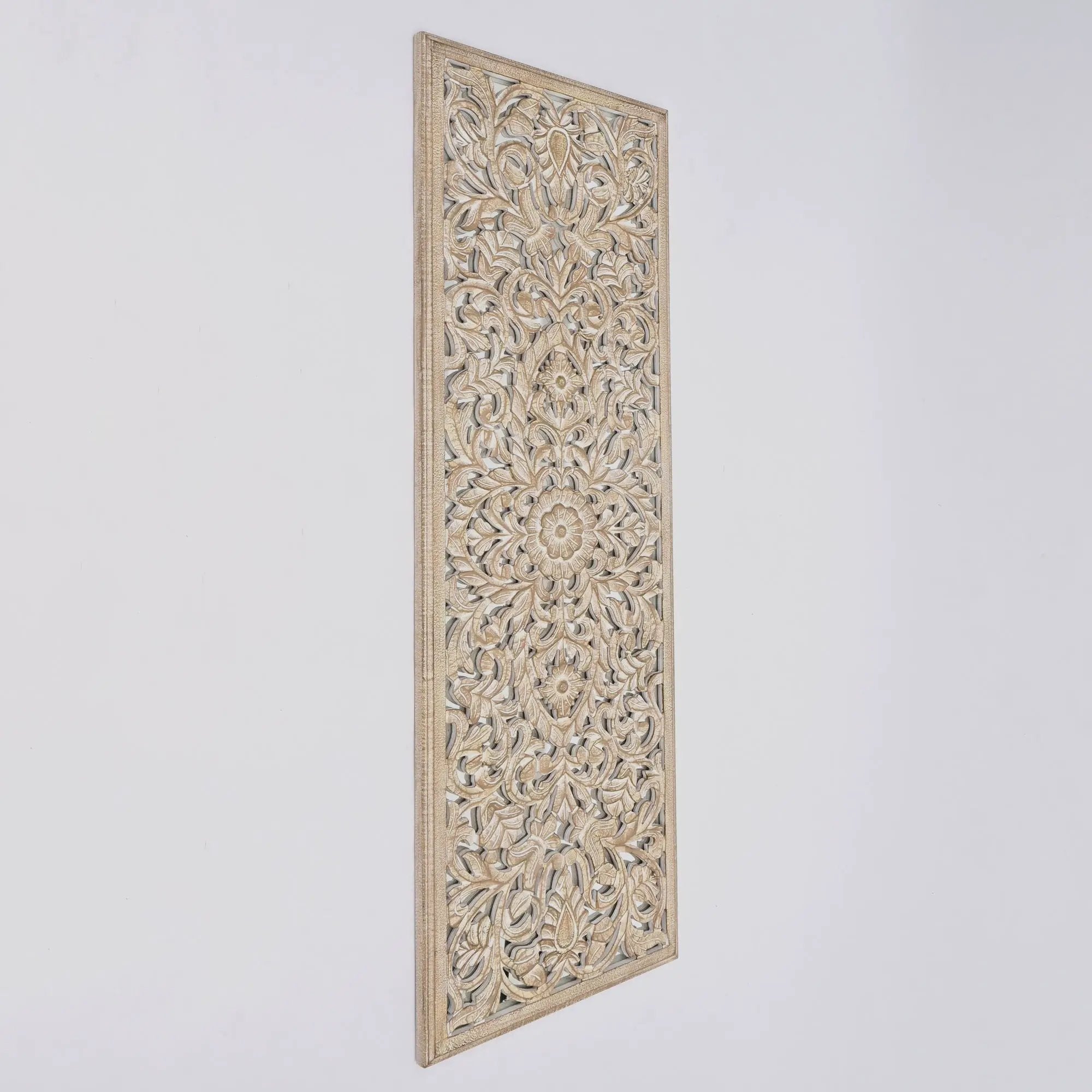 Floral Hand Carved Mandala Rectangle Wall Decor With Mirror - Antique Brown / White by HouseOfZazla