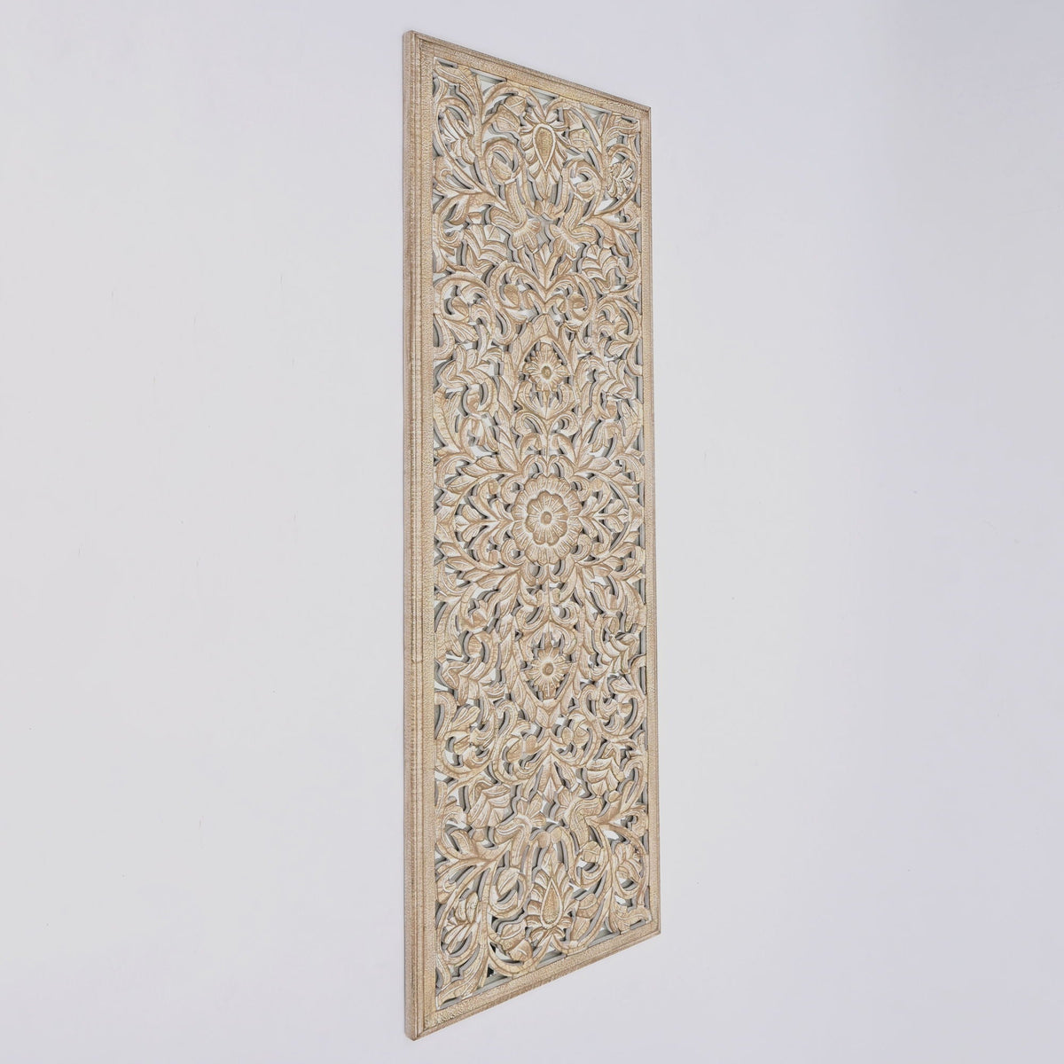 Floral Hand Carved Mandala Rectangle Wall Decor with Mirror - Antique Brown / White, photo 5 of 6