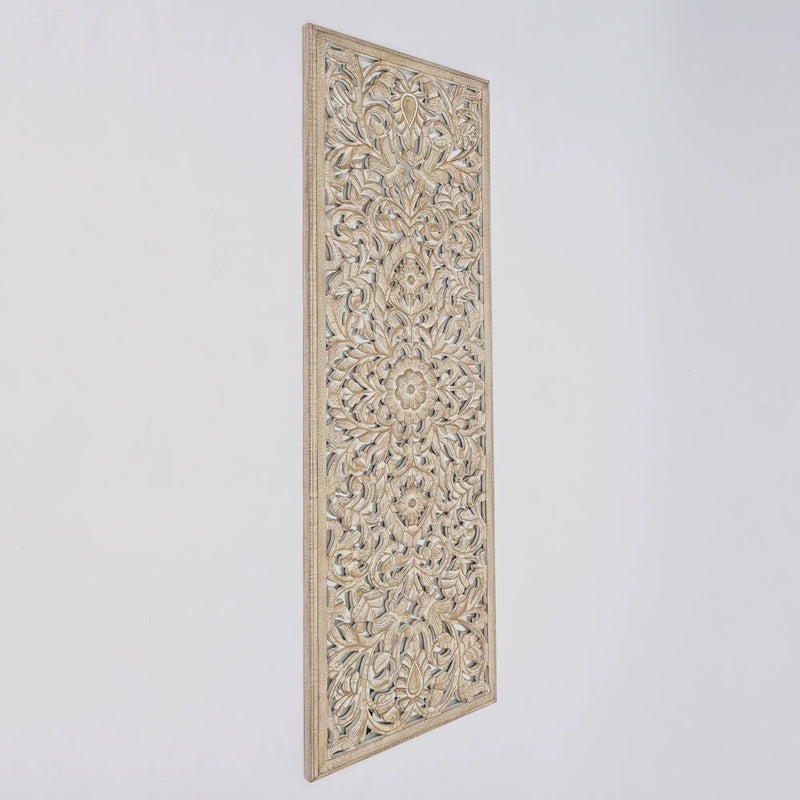Floral Hand Carved Mandala Rectangle Wall Decor With Mirror - Antique Brown / White by Unique Piece Furniture