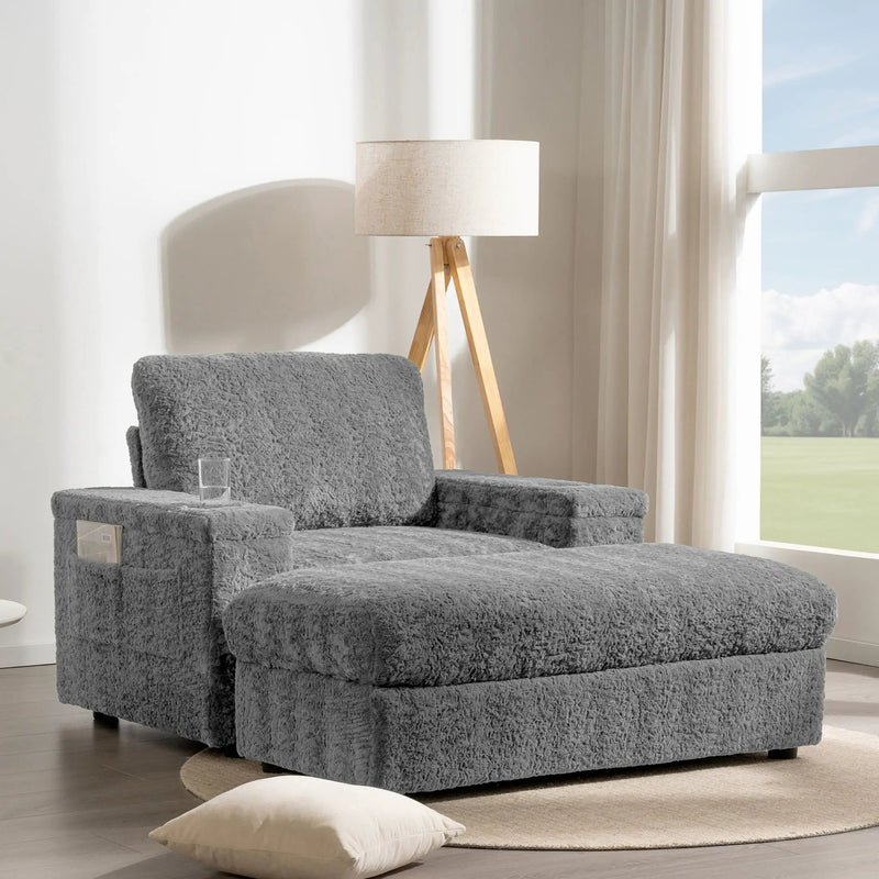 Oversized Chaise Lounge Indoor Rabbit Fur Sofa Bed With Storage Ottoman And Armrests Cup Holders With Deep Seat by Unique Piece Furniture