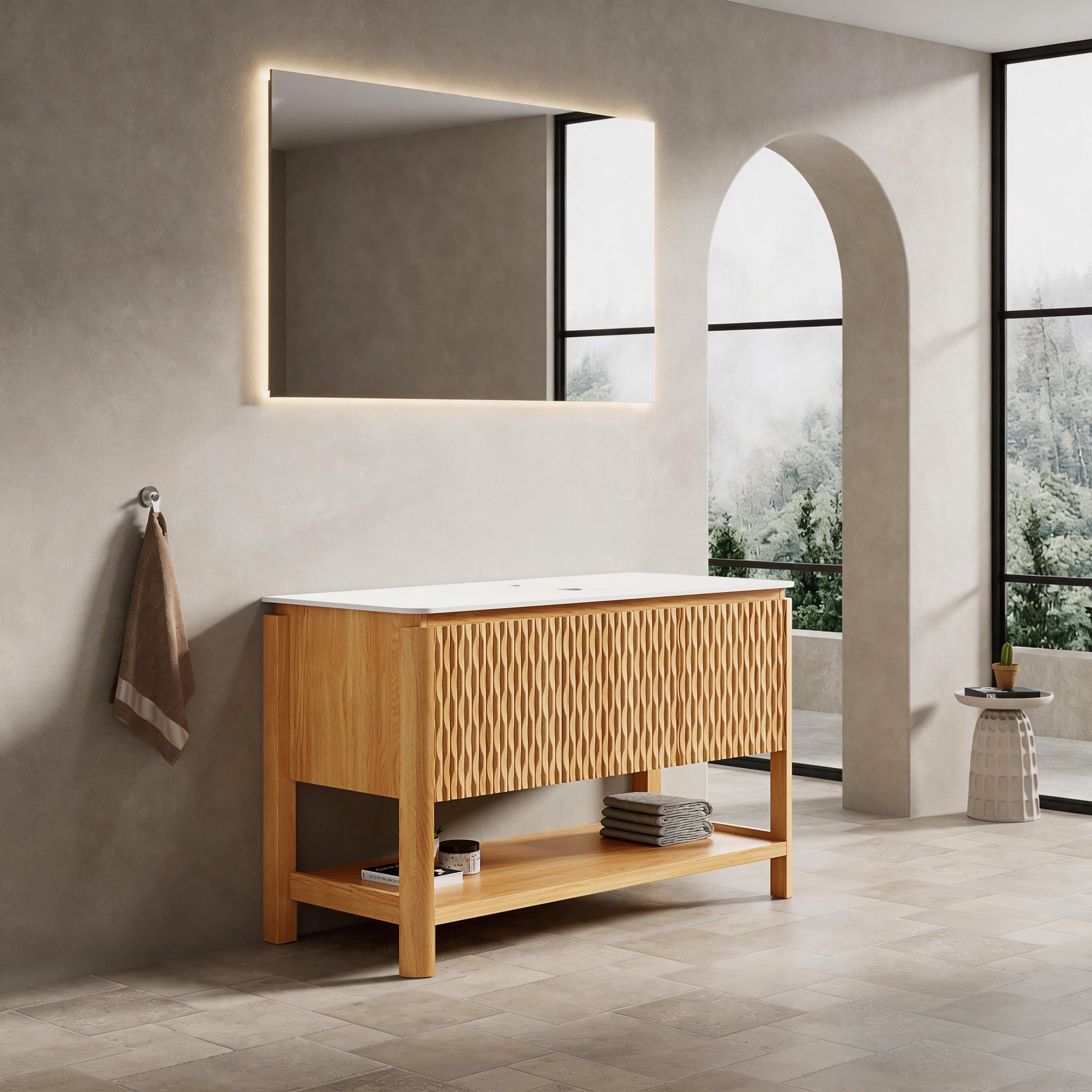 Sharma 48" Freestanding Cabinet with 3 Doors & Open Shelf, Carrara by HouseOfZazla