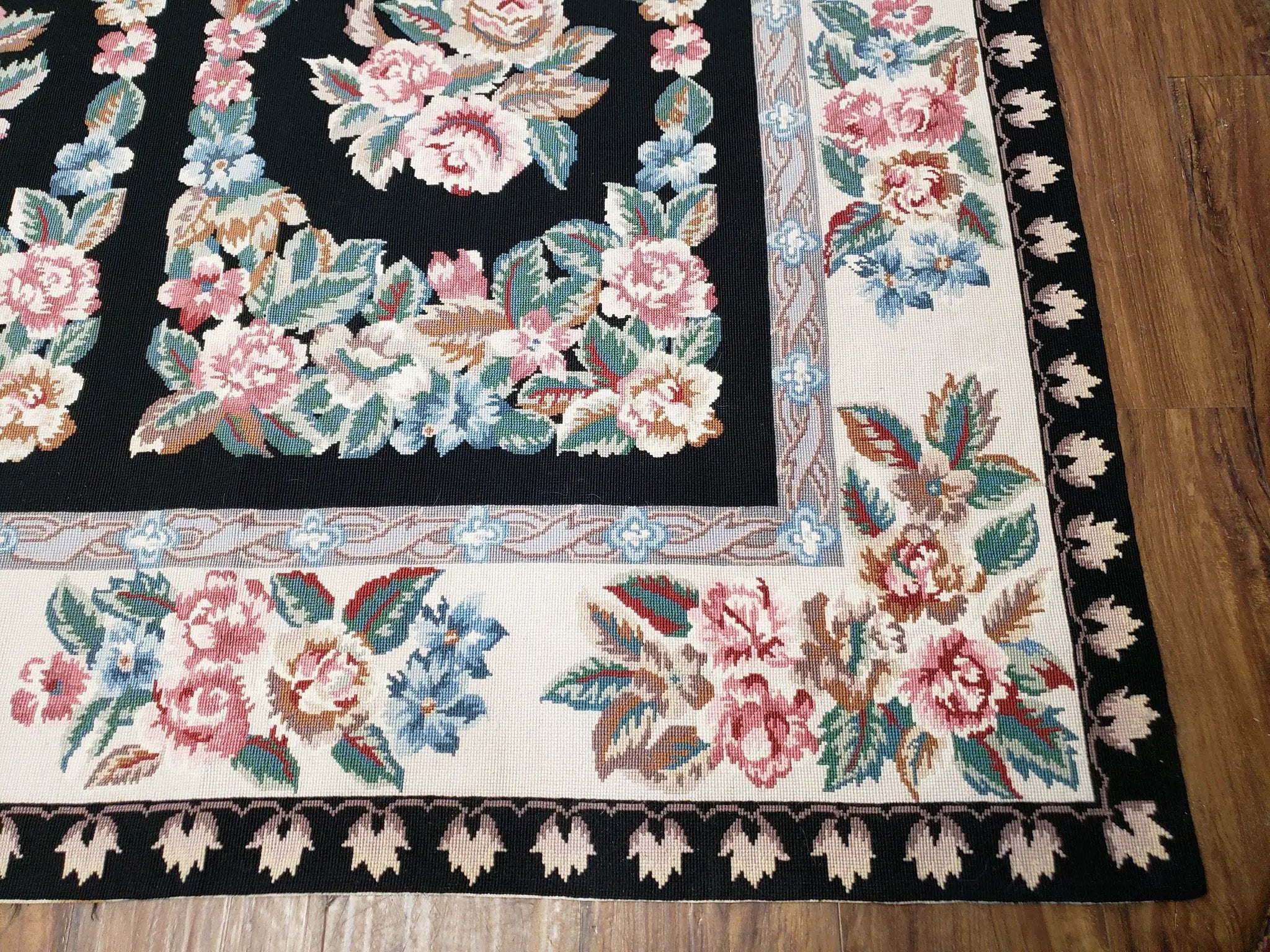 Floral Needlepoint Rug 9.5 x 13.6, Floral Panel Design, Black and Ivory Flatweave Aubusson Carpet, Multicolor by Jewel Rugs