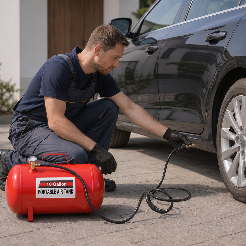 Portable 10 Gallon Air Tank with Pressure Gauge and 43" Hose - Metal, photo 8 of 9