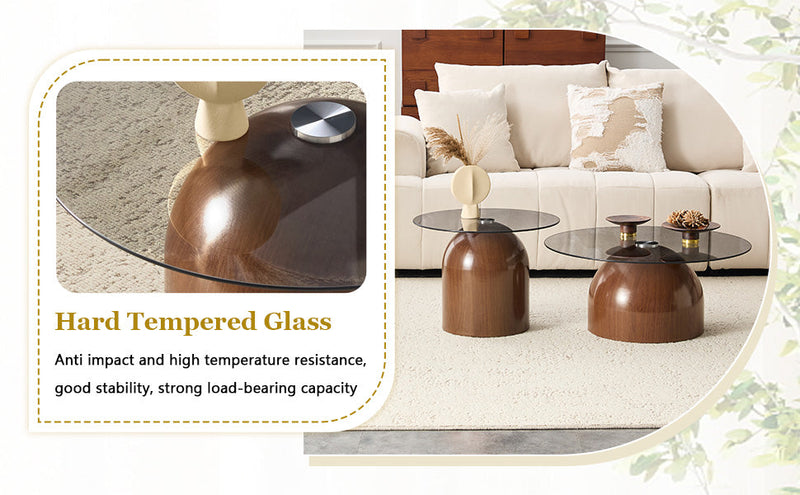 Nesting Coffee Table Set of 2 with Glass Desktop in Walnut by HouseOfZazla