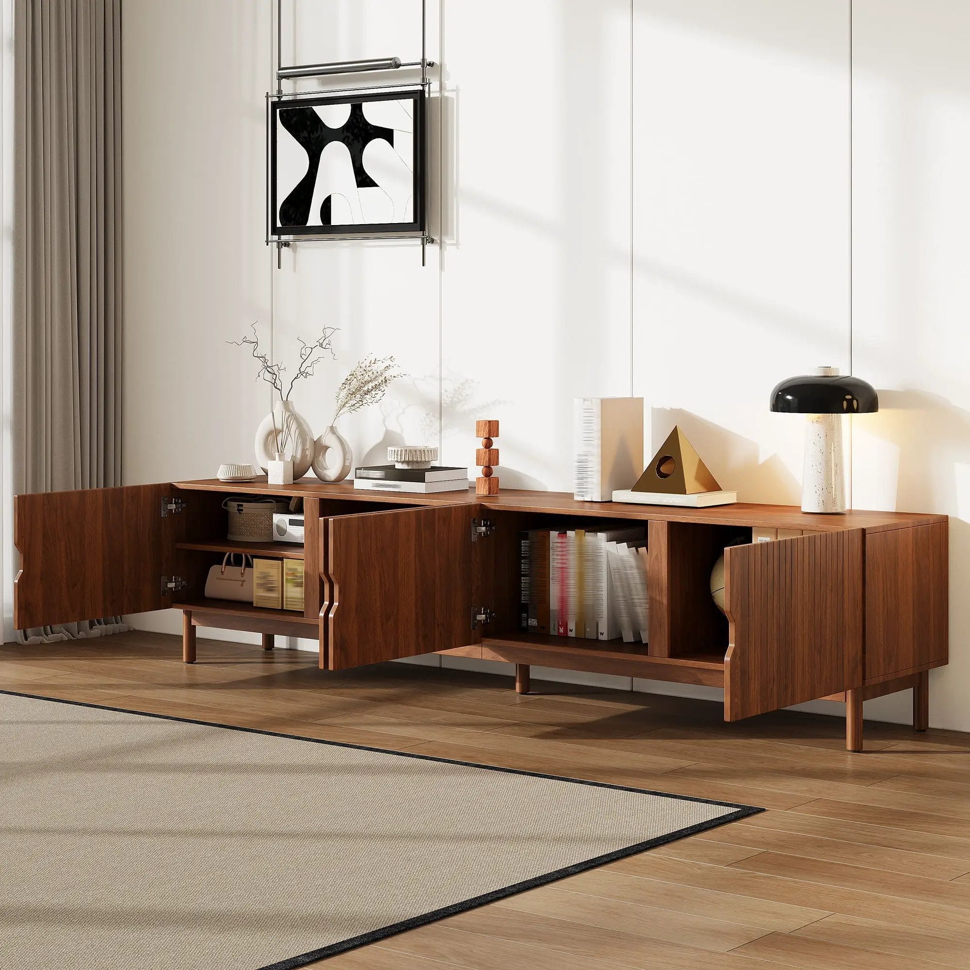 TV Stand With Legs, Media Console, 4 Cabinets For Living Room - Natural Wood by HouseOfZazla
