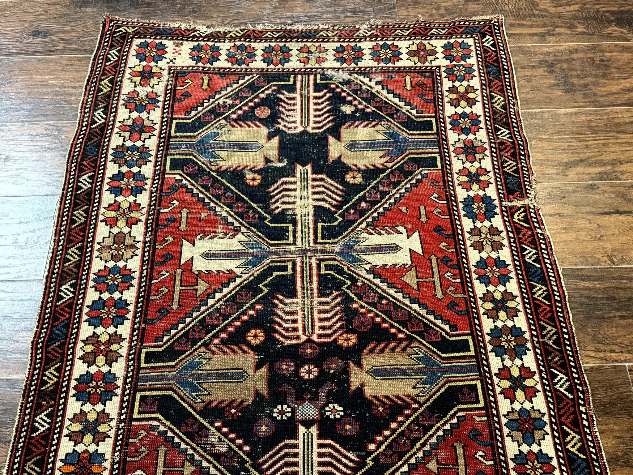 Antique Shirvan Caucasian Rug 3x5, Geometric Pattern, Red Navy Blue Beige by Jewel Rugs