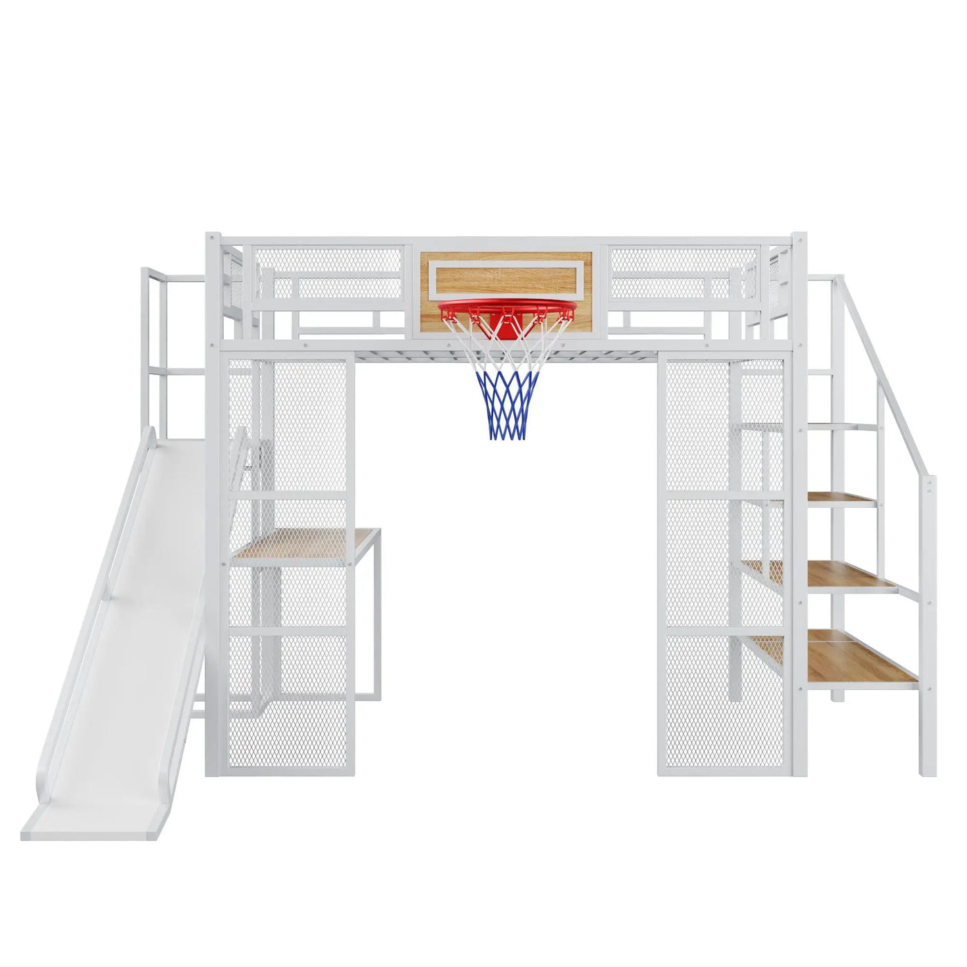 Loft Bed With Built In Desk, Open Wardrobe, Basketball Hoop, Slide And Staircase by HouseOfZazla