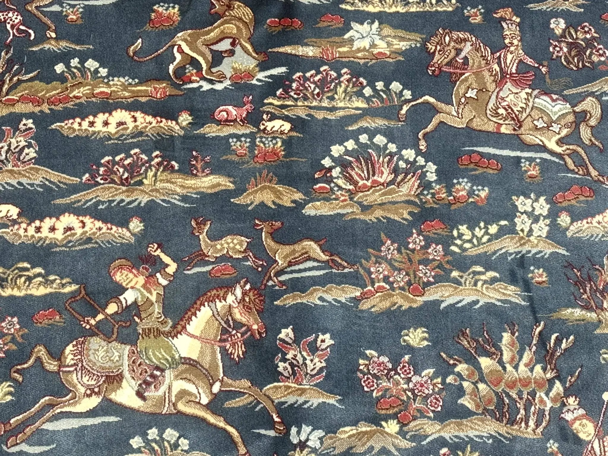Turkish Silk Rug 5x8, Hunting Design, Animal Pictorials, Steel Blue & Ivory, Bamboo Silk by Jewel Rugs