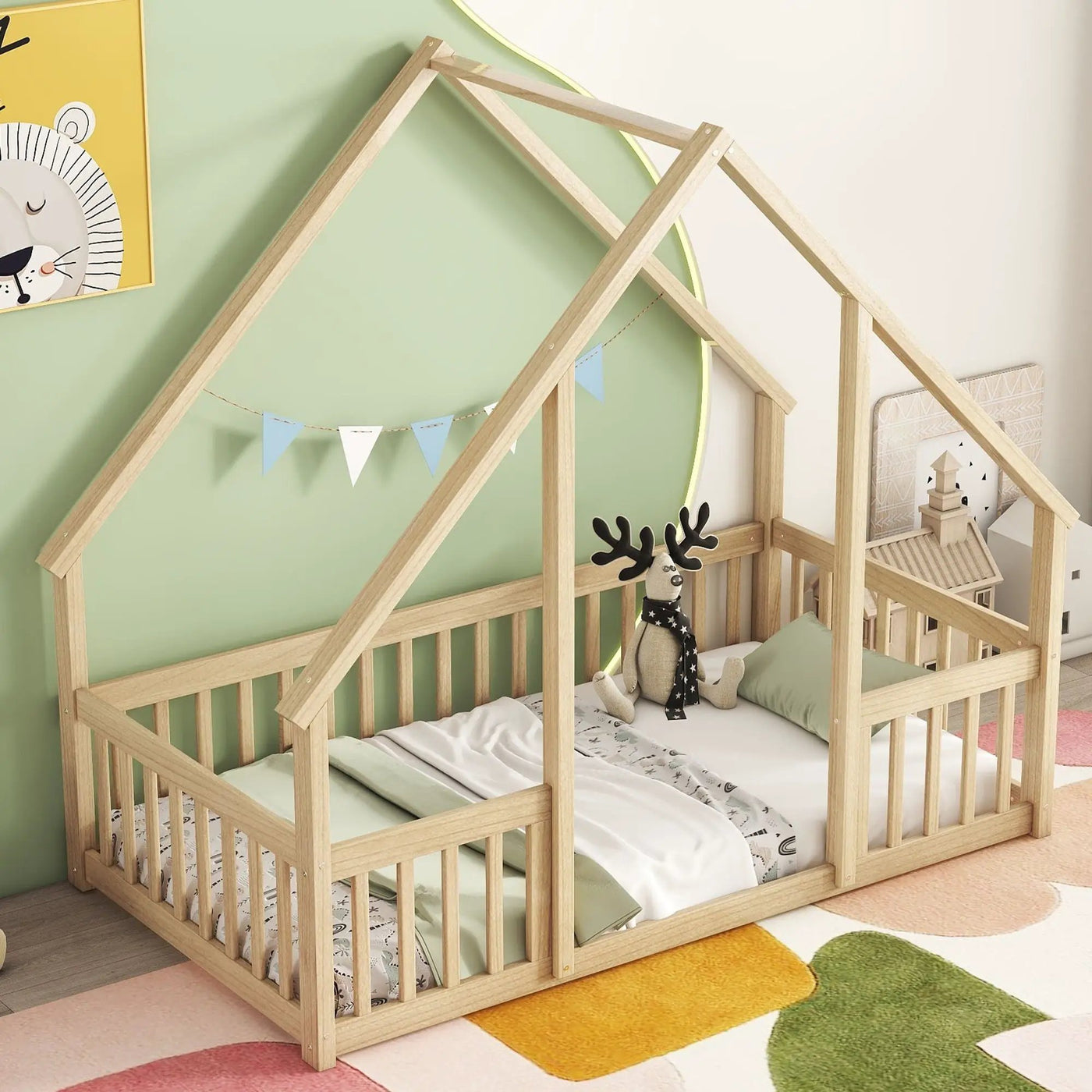 Wood House-Shaped Floor Bed With Fence, Guardrails by HouseOfZazla
