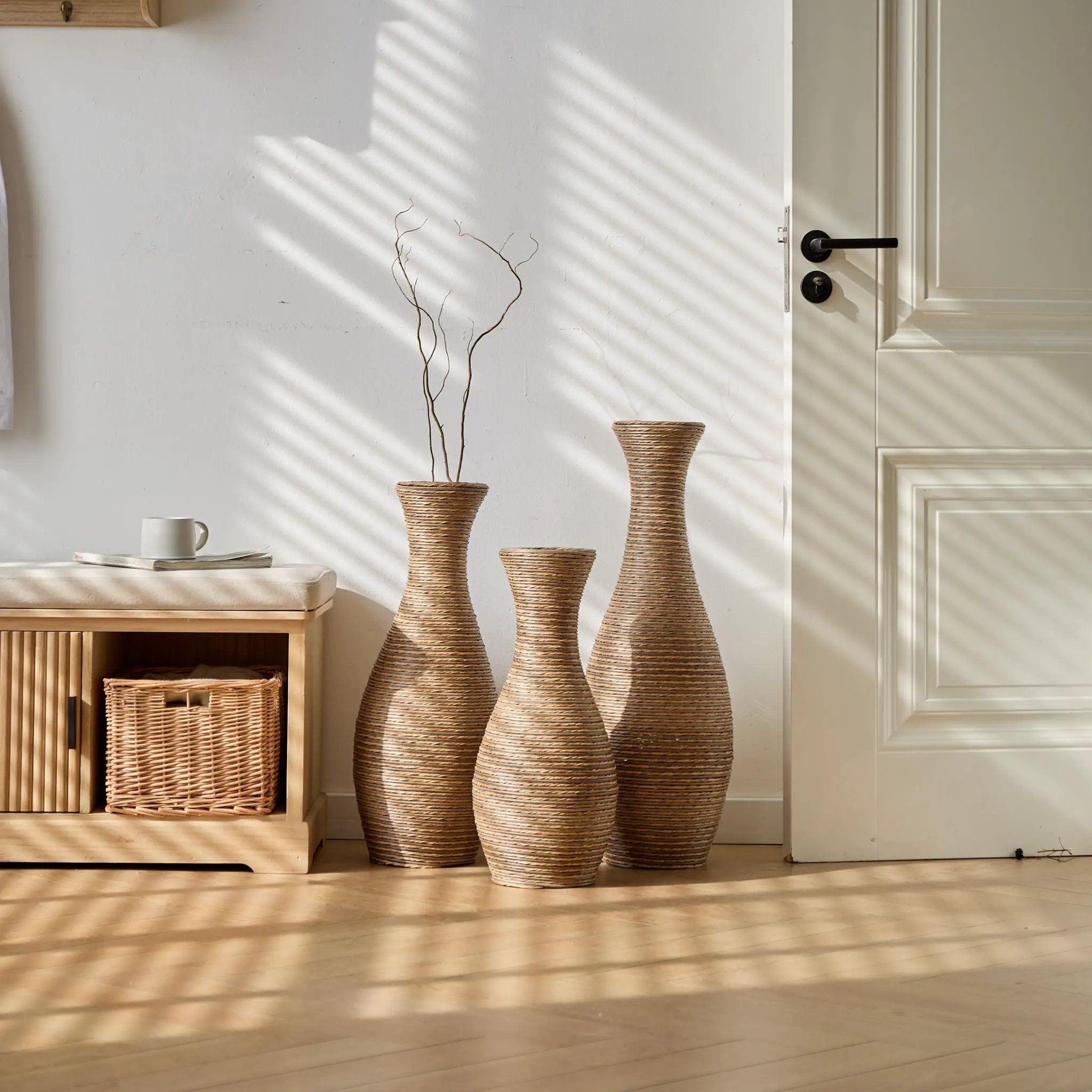 3 Piece Artificial Rattan Floor Vase Set Decorative Accent For Living Room, Hallway & Entryway, Ideal For Dried Or Silk Flower Arrangements - Beige by Unique Piece Furniture