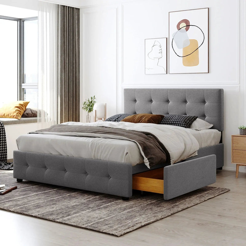 Upholstered Platform Bed With Classic Headboard And Drawers, No Box Spring Needed by HouseOfZazla