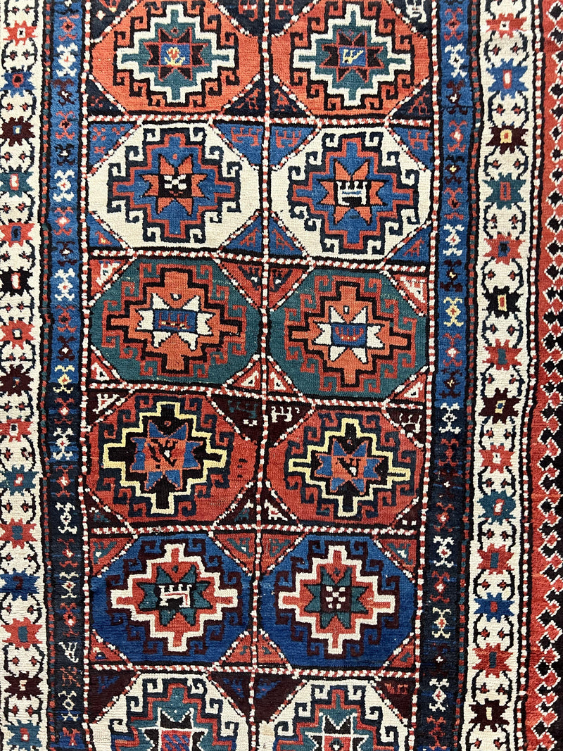 Antique Caucasian Kazak Runner Rug 4 x 9.5, Handmade Wool Rug for Hallway, Rare Colorful Panel Design Mid 19th Century 1870s Oriental Carpet by Jewel Rugs