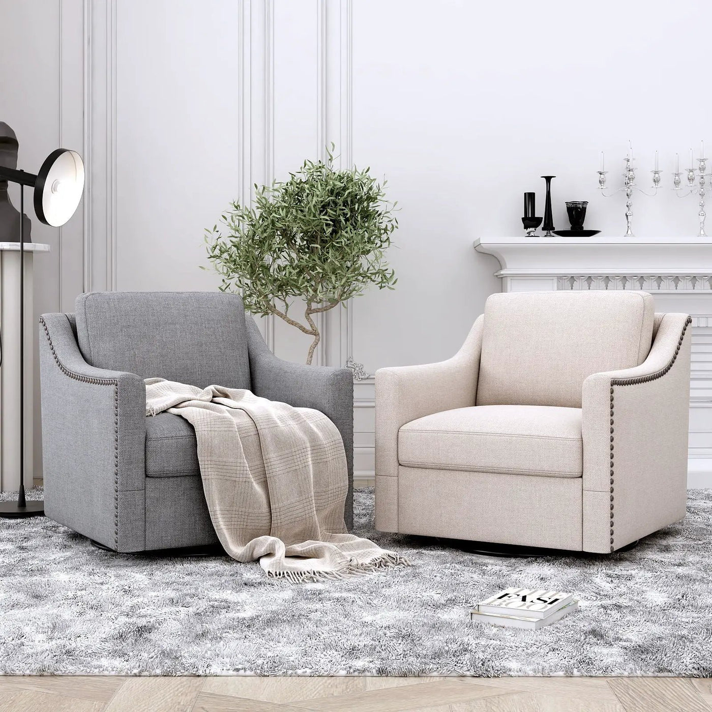 360 Degree Swivel Armchair, Skin Friendly Fabric, Ergonomic Design, Brass Nail Decorative Armchair by HouseOfZazla