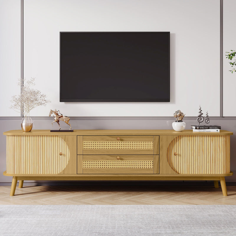 Rattan TV Stand for TVs up to 75" with Solid Wood Construction - Natural Wood, photo 15 of 19