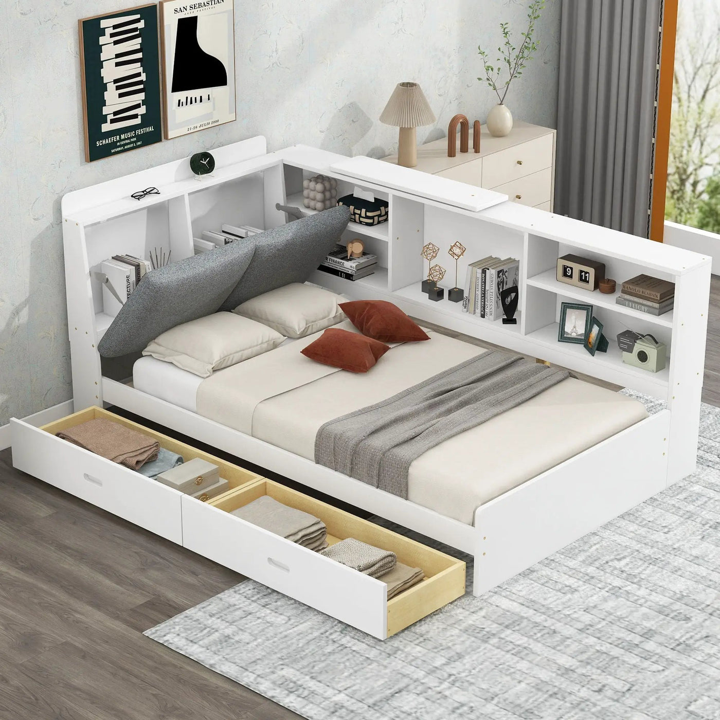 Platform Bed With Storage Headboard, Shelves And 2 Drawers by HouseOfZazla
