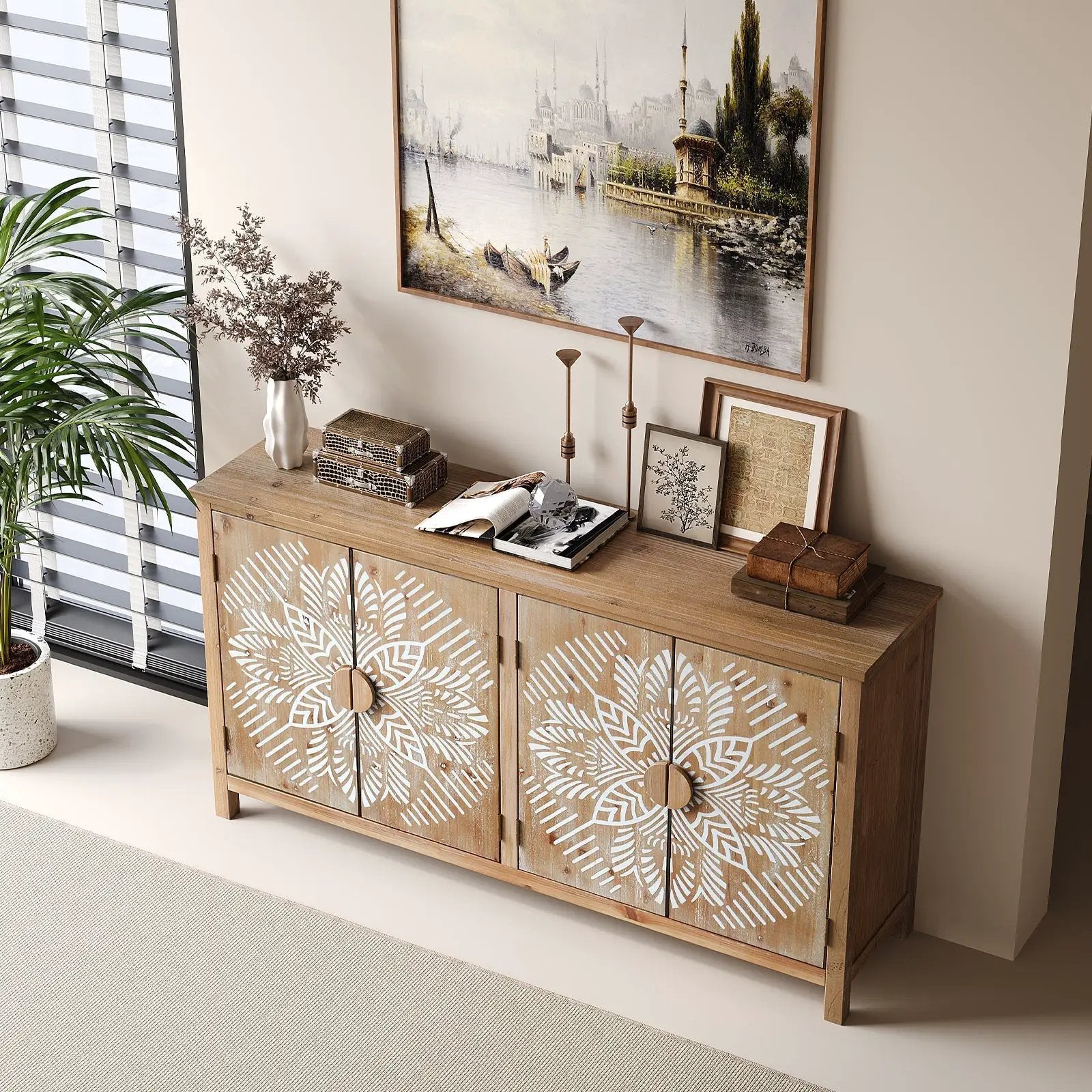 60" Wood Accent Cabinet with 4 Doors Brown and Antique White by HouseOfZazla