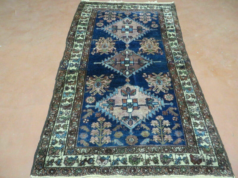 Blue Vintage Persian Hamadan Rug, Wool, Hand-Knotted, 4x6 ft by Jewel Rugs