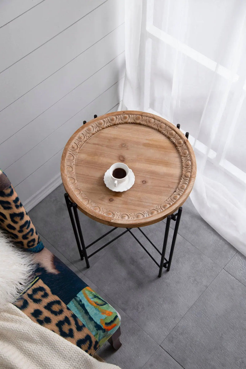 Round Side Table With Wood Top, End Table For Living Room Bedroom - Black Brown by HouseOfZazla