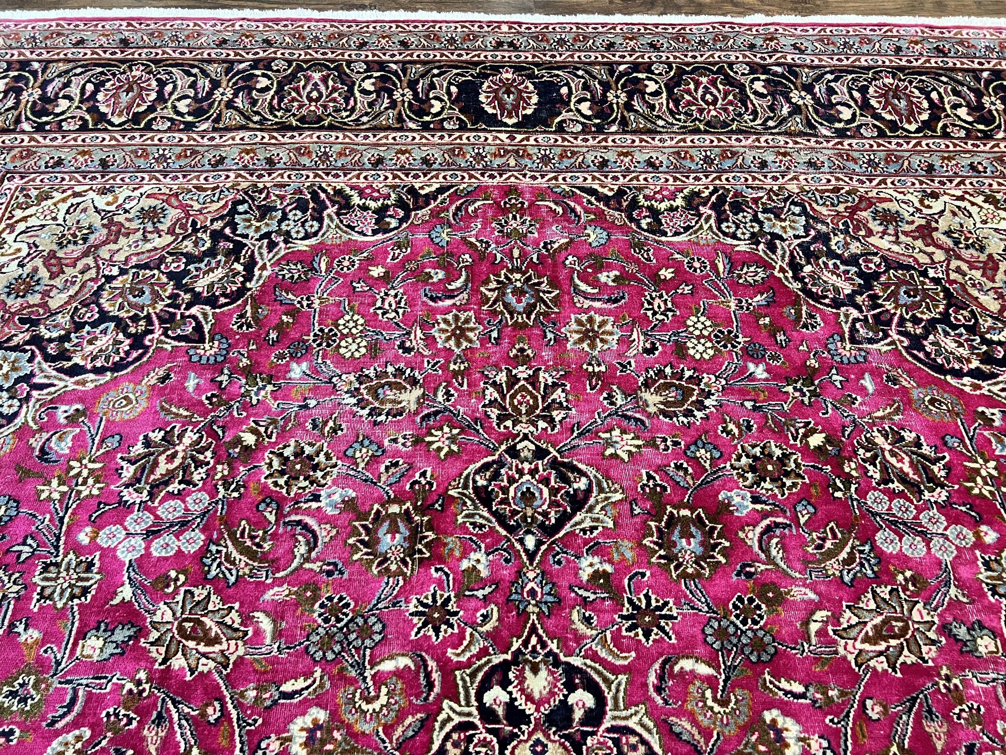 Persian Rug 10x13, Wool Hand Knotted Antique Kashmar Carpet, Raspberry Red & Navy Blue, Floral Medallion, Traditional Oriental Rug 10 x 13 by Jewel Rugs