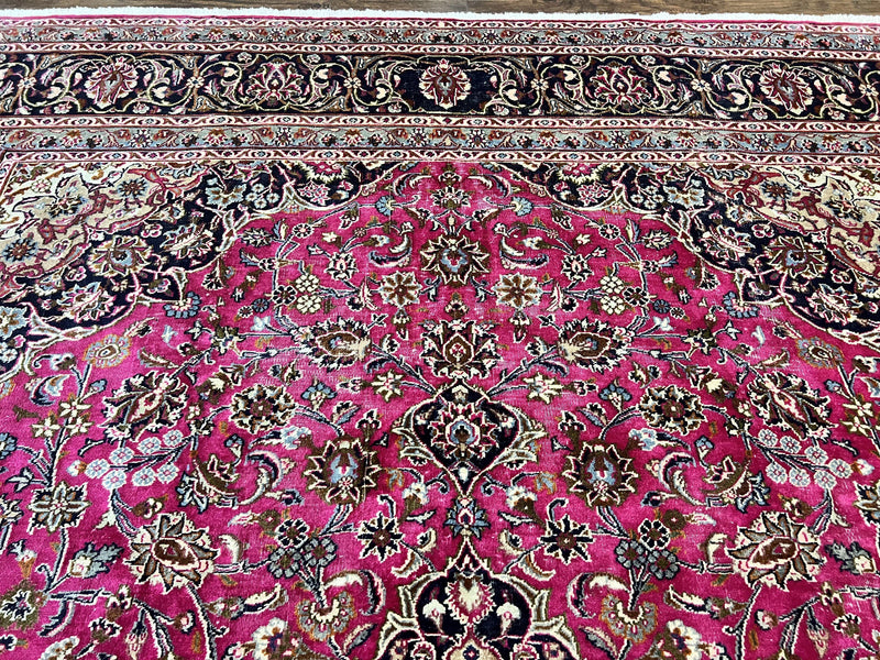 Persian Rug 10x13, Wool Hand Knotted Antique Kashmar Carpet, Raspberry Red & Navy Blue, Floral Medallion, Traditional Oriental Rug 10 x 13 by Jewel Rugs
