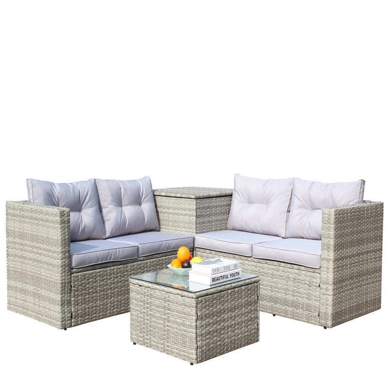 4 Piece Patio Sectional Wicker Rattan Outdoor Furniture Sofa Set with Storage Box Grey by HouseOfZazla
