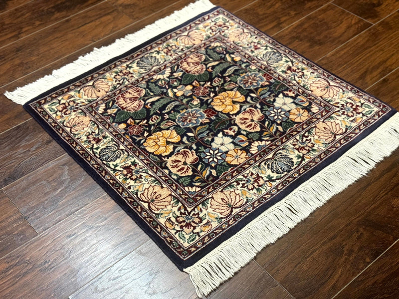 Square Pak Persian Small Rug 2.7 x 2.7, William Morris Design, Dark Green, Floral, Handmade by Jewel Rugs