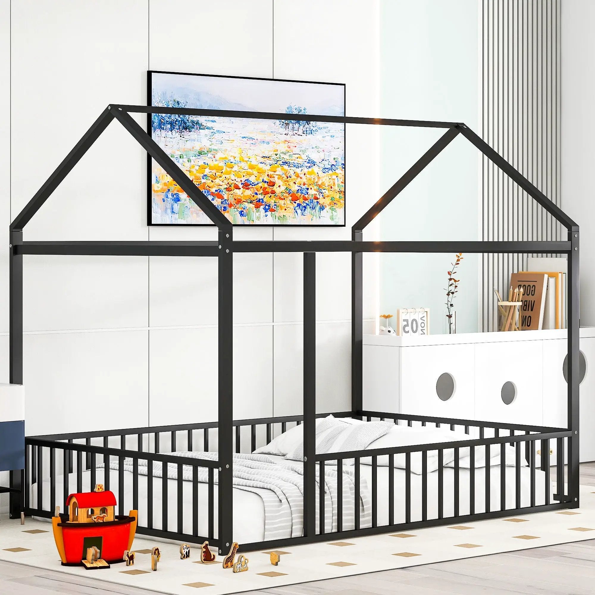 Metal Bed House Bed Frame With Fence by Unique Piece Furniture