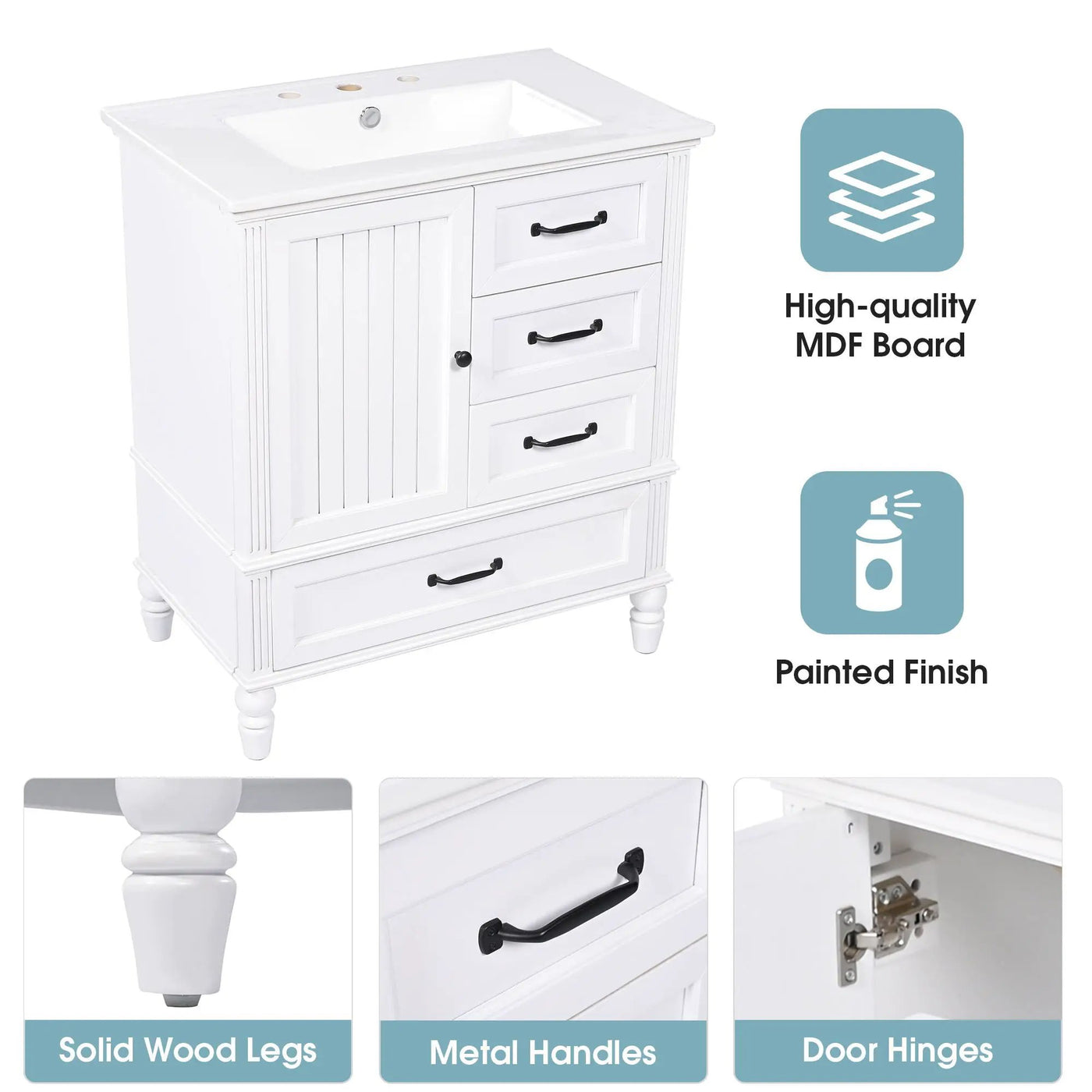 30" Bathroom Vanity With Sink, 3 Drawers, Adjustable Feet by HouseOfZazla